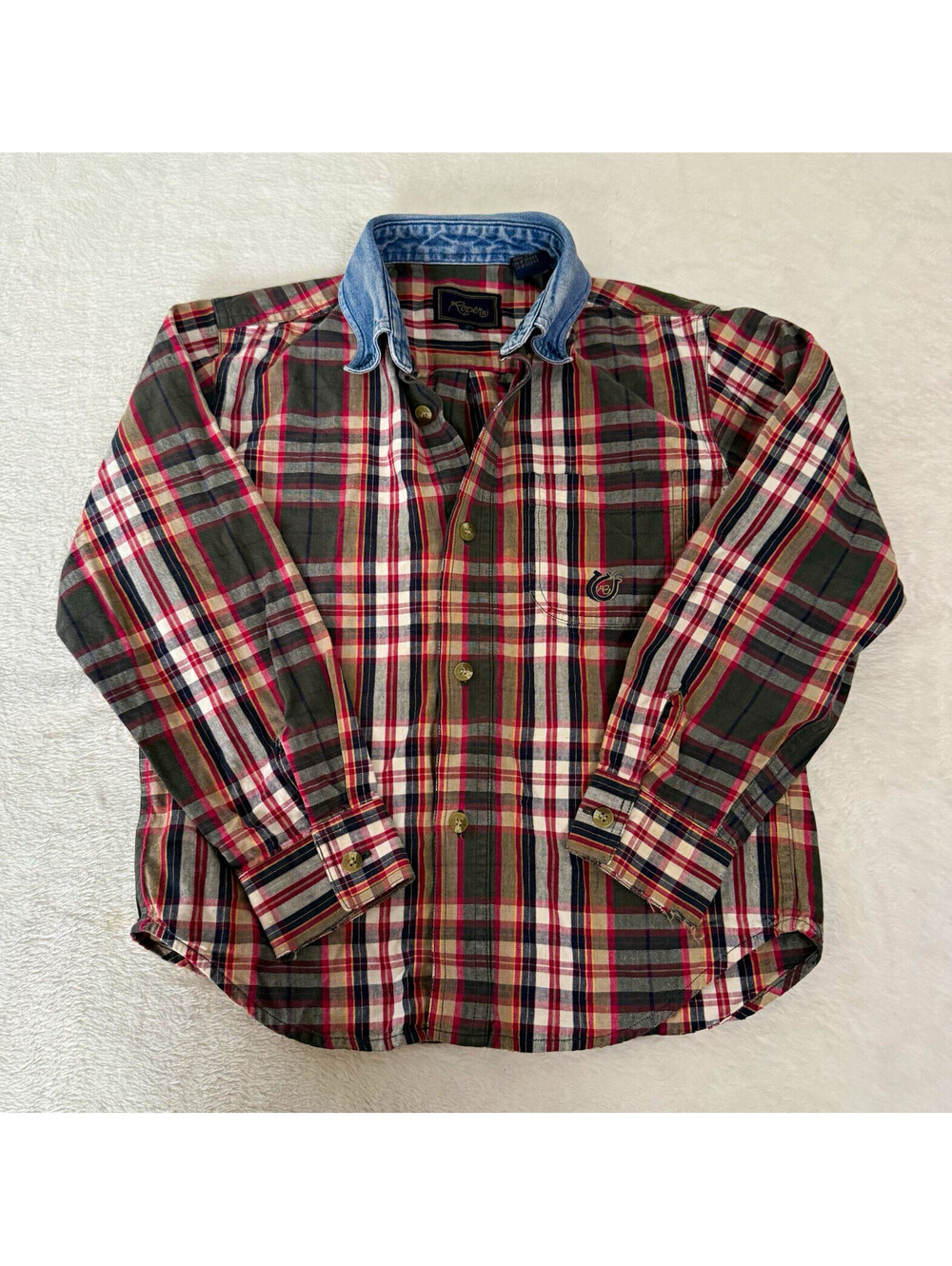 Vintage Ropers Boys Plaid Shirt M 8-10 Denim Collar Western Long Sleeve Cotton